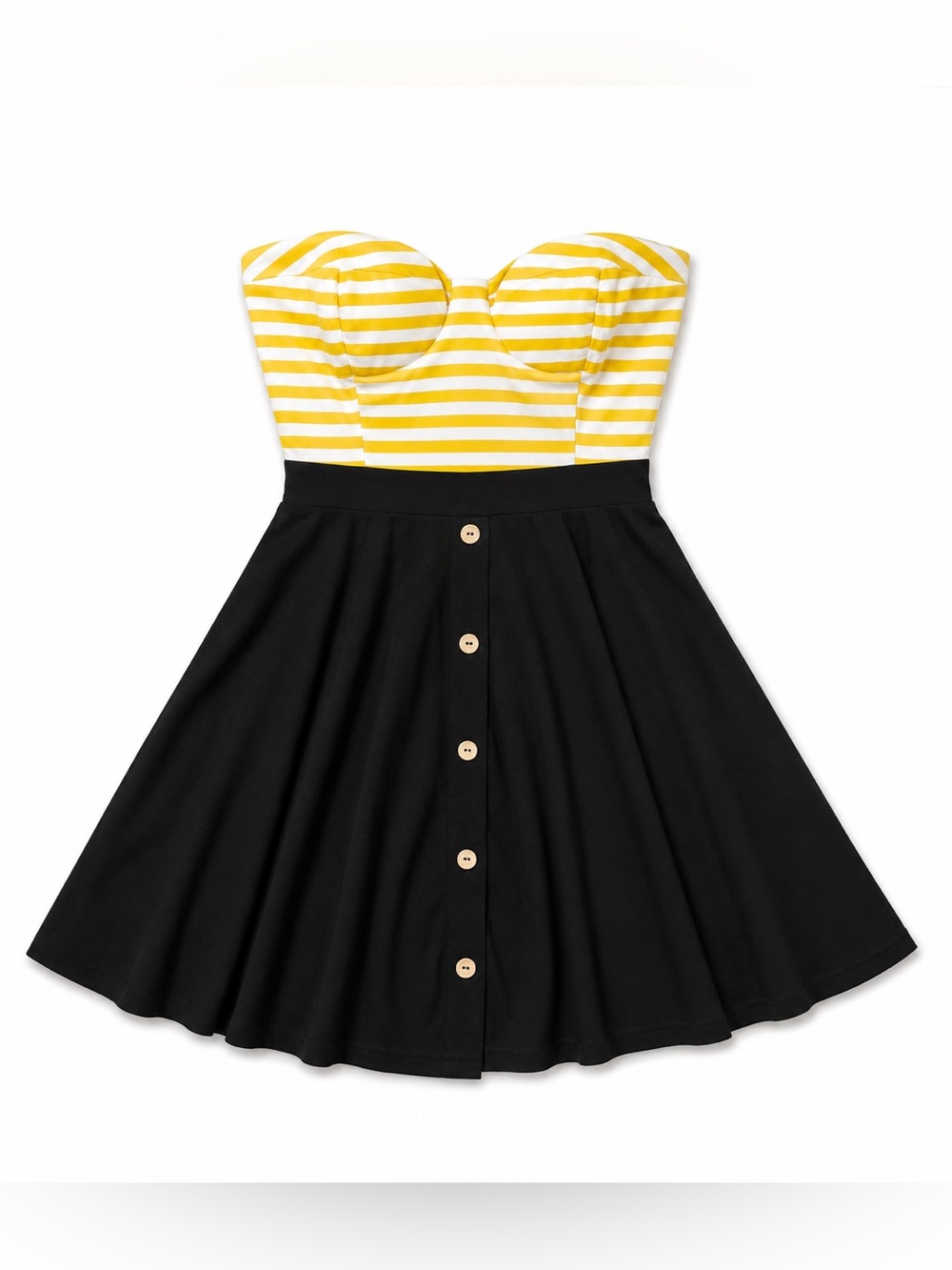 Wish Strapless Fit‎ & Flare Dress Women’s Size S Black Yellow Stripe Mini Skater